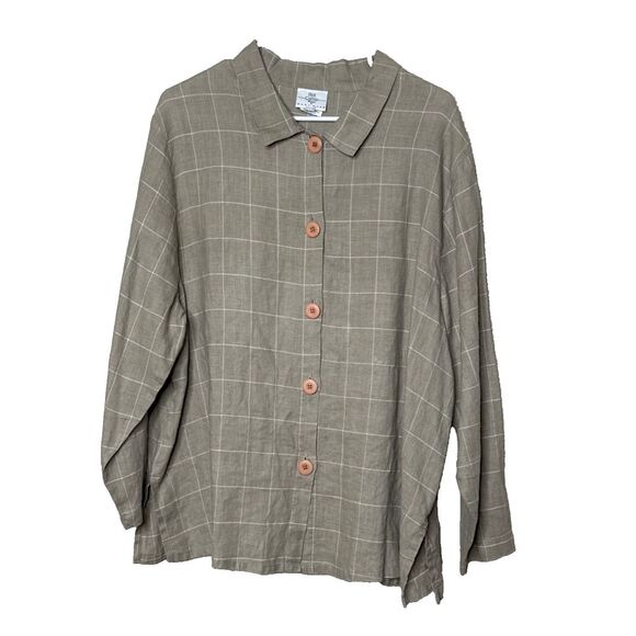 Hot Cotton Marc Ware 1X  100% Linen Shirt Top Tan Windowpane Check Lagenlook USA - Picture 1 of 7